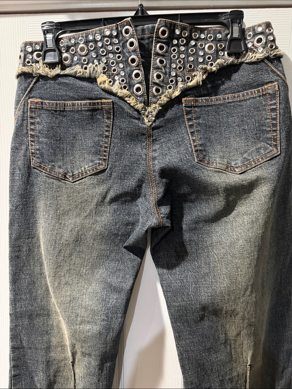 Bebe Washed Western Cowgirl Flare low rise Jeans with jewel Grommet corset Waist - Picture 4 of 9